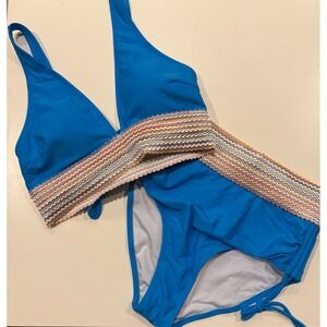 Blooming Jelly Blue High Waisted Bikini Set Crochet Trim Halter Two Piece NEW